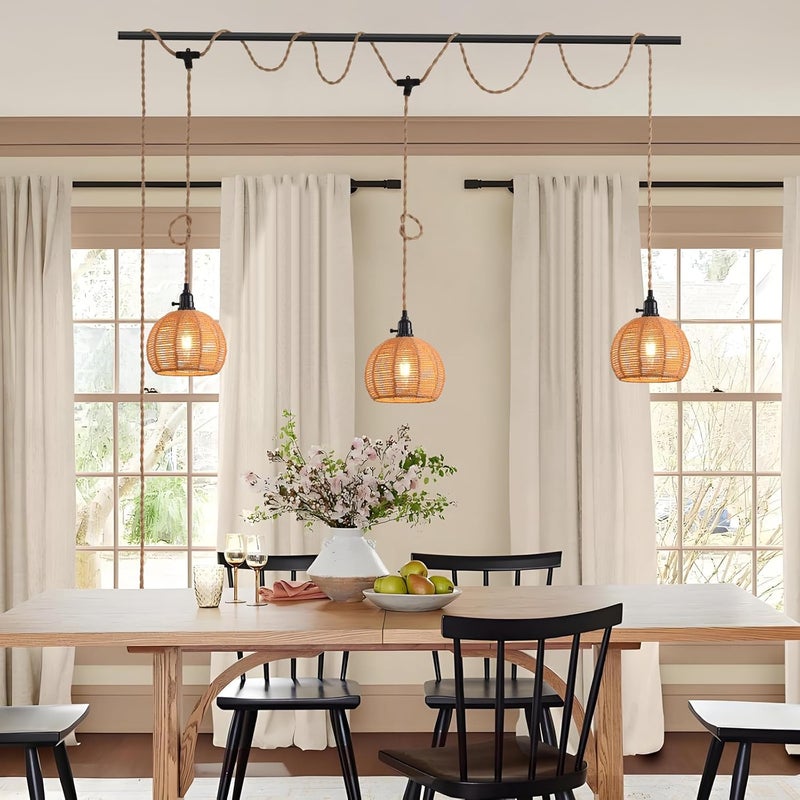 KENMI 3-Light Hanging Light with Plug in Cord,Plug in Pendant Light 22ft Hemp Rope Pendant Lighting Vintage 3-Light Hanging Lamp Fixtures for Kitchen Island Living Room Bedroom - Image 2